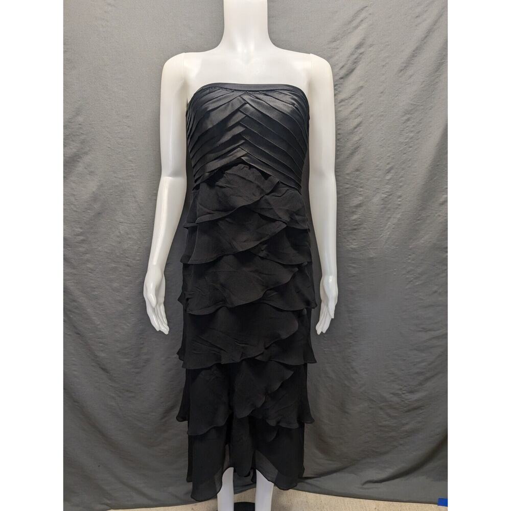 Tadashi Shoji Chiffon Strapless Dress Sz 4 Black Layered Silk Maxi Formal Tulip